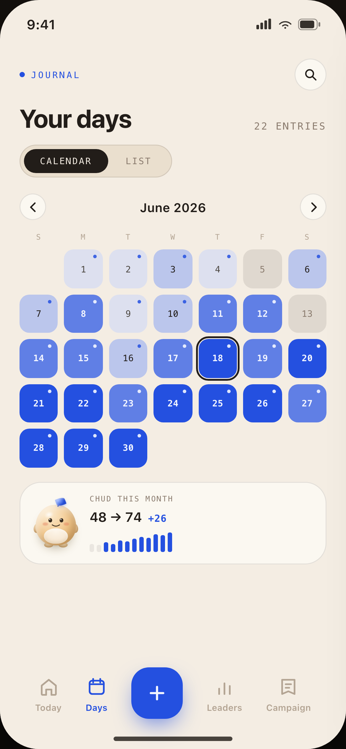 Your days calendar for June 2026: every logged day shaded deeper sapphire for better scores, with a month summary showing health climbing from 48 to 74