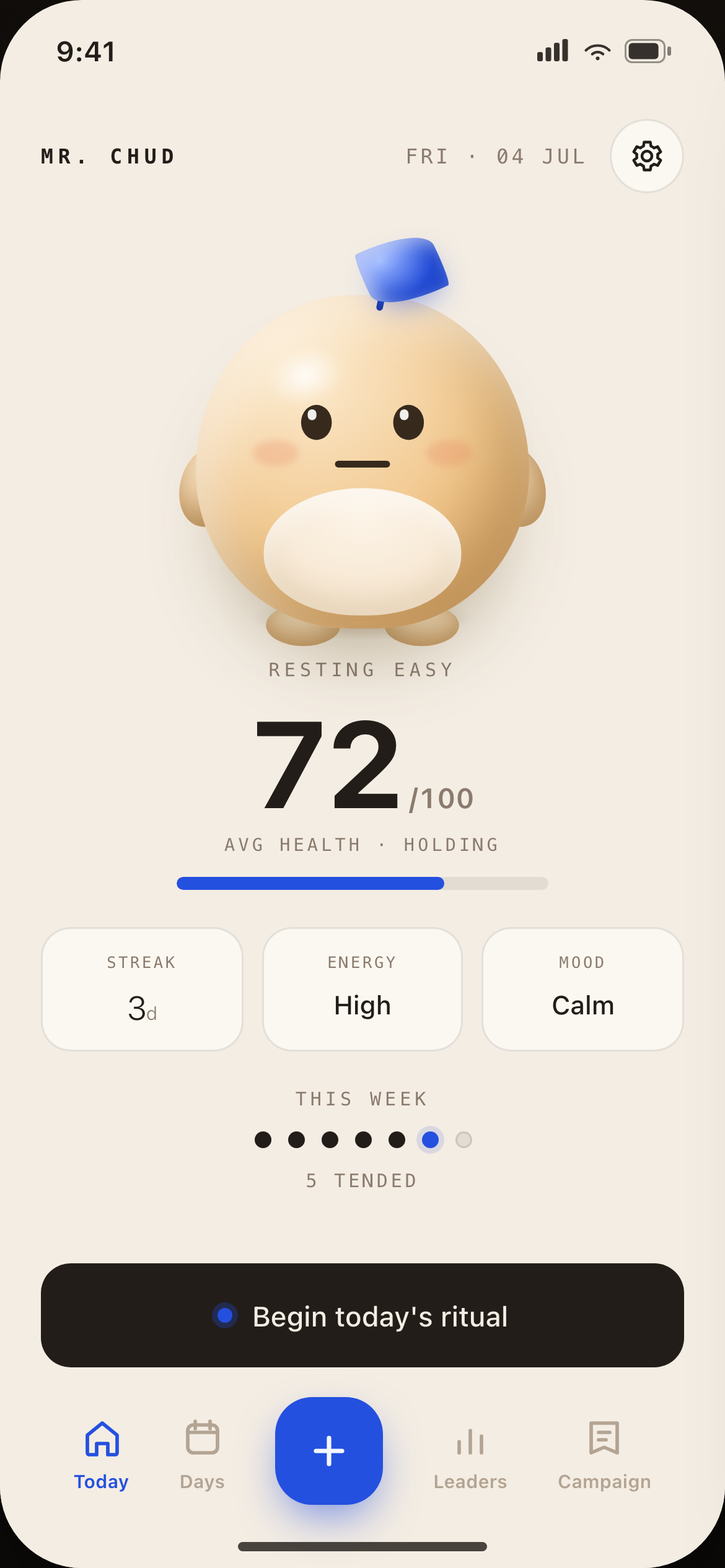 Mr. Chud home screen: the mascot resting easy at 72 out of 100 average health, streak of 3 days, and a button reading Begin today's ritual