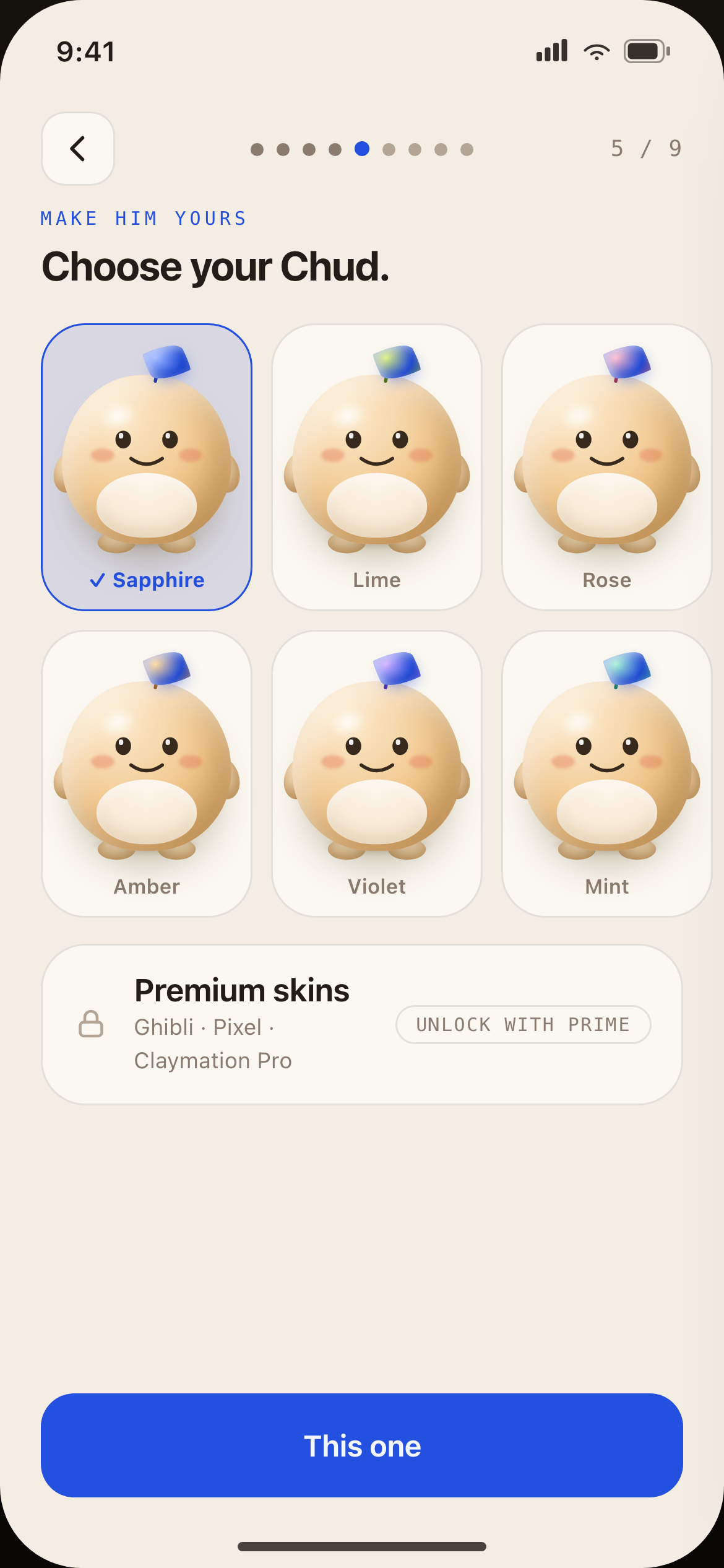 Mr. Chud app onboarding screen: Choose your Chud, showing six flag skins — Sapphire, Lime, Rose, Amber, Violet and Mint