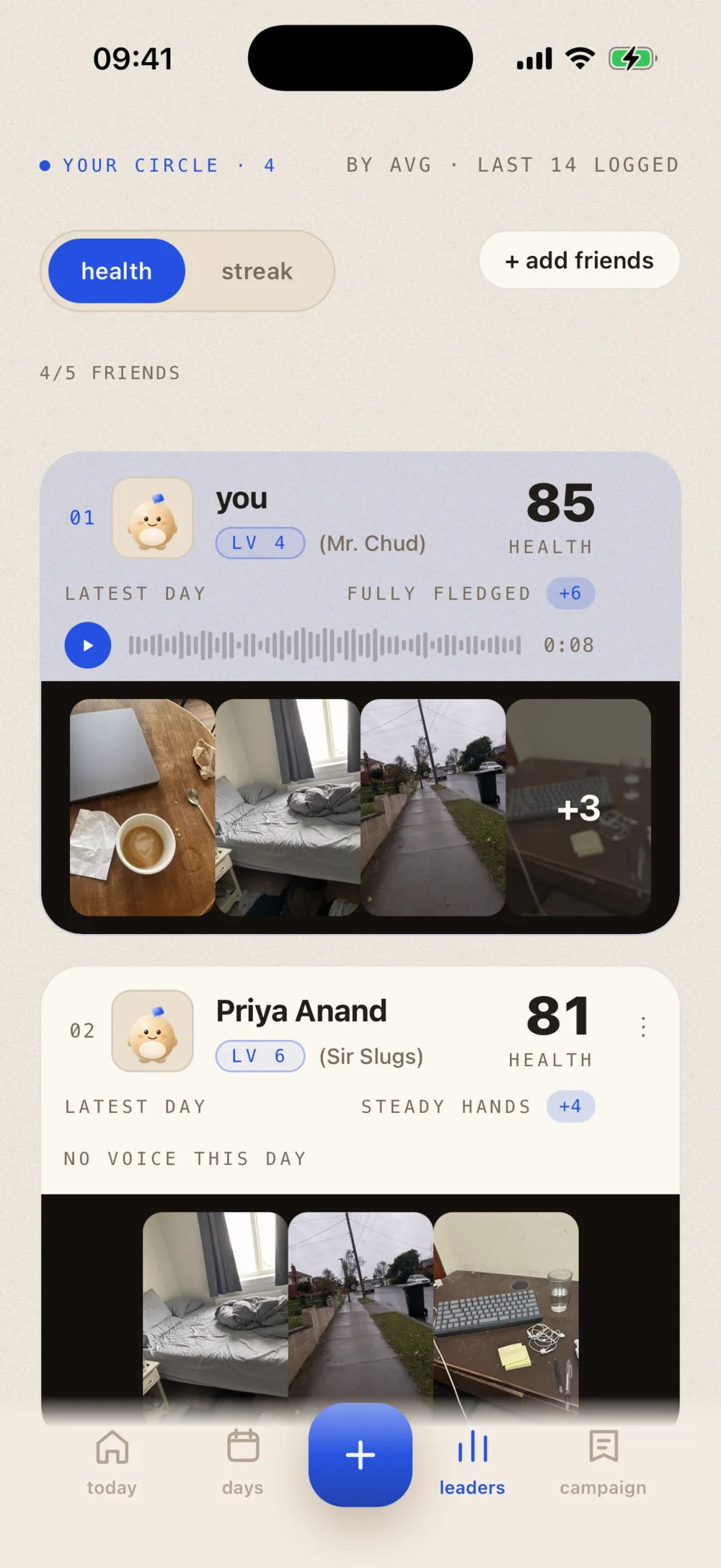 The friends leaderboard with voice switched on: your card in first at 85 health carries a play button, a voiceprint and a length of 8 seconds above a dark plate of the day's photos, and the card under it reads no voice this day