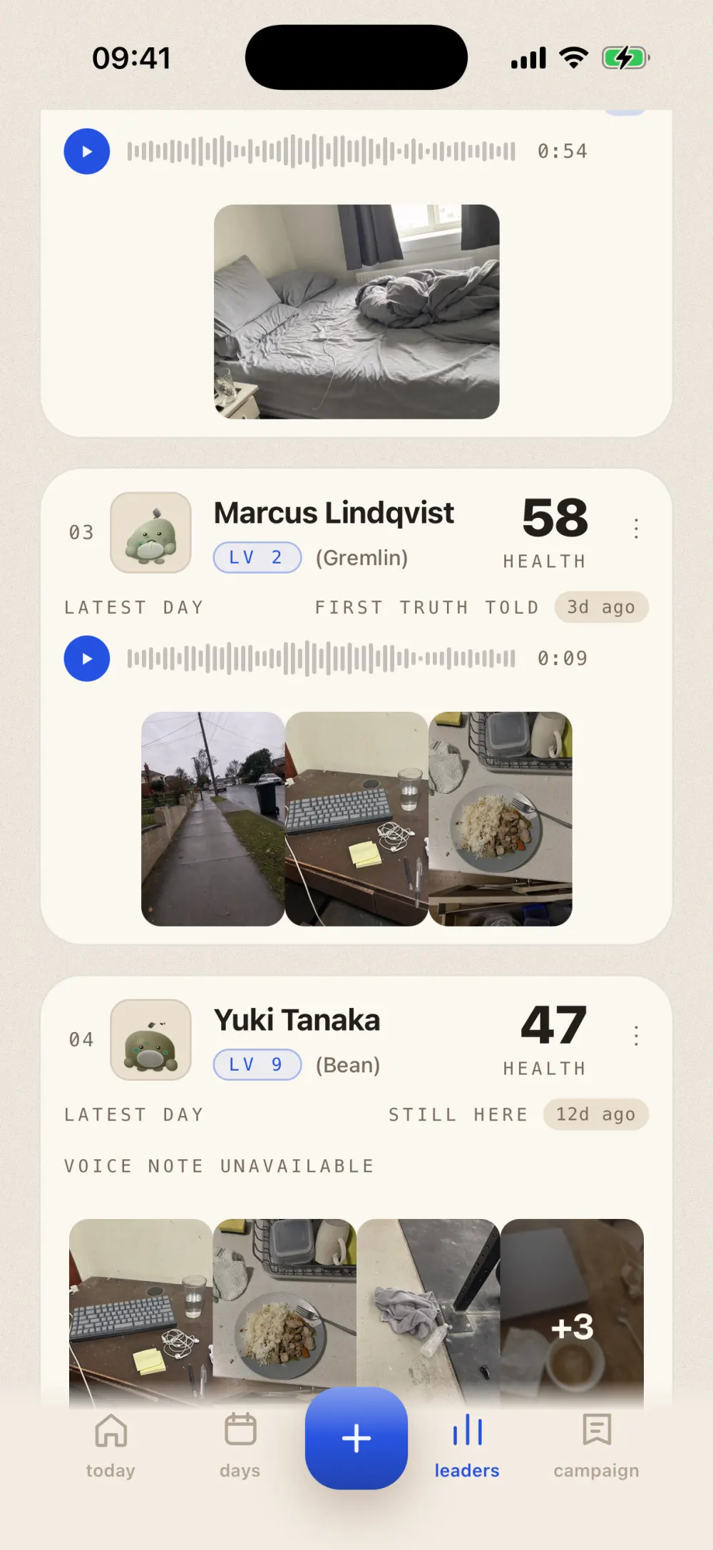 The friends leaderboard with voice notes: every card carries a play button, a voiceprint and a length above the photos from that friend's latest day. Marcus Lindqvist sits third at 58 health with a nine second note and three photos, and Yuki Tanaka fourth at 47, whose note now reads voice note unavailable above four photos