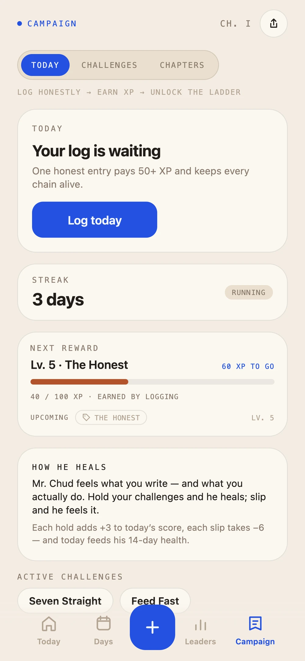 Campaign screen showing chapter two unlocked at level four, The Comeback Arc, with the next reward at level five