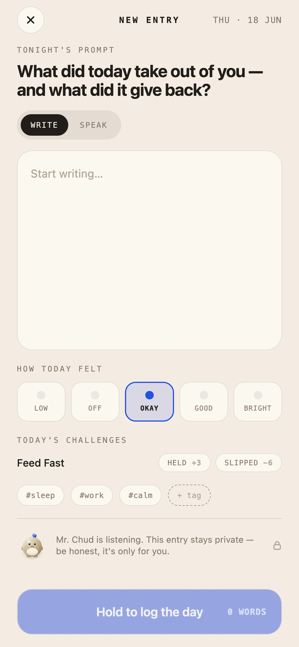 New entry screen with tonight's prompt, a written reflection, mood selector set to okay, and a Save reflection button