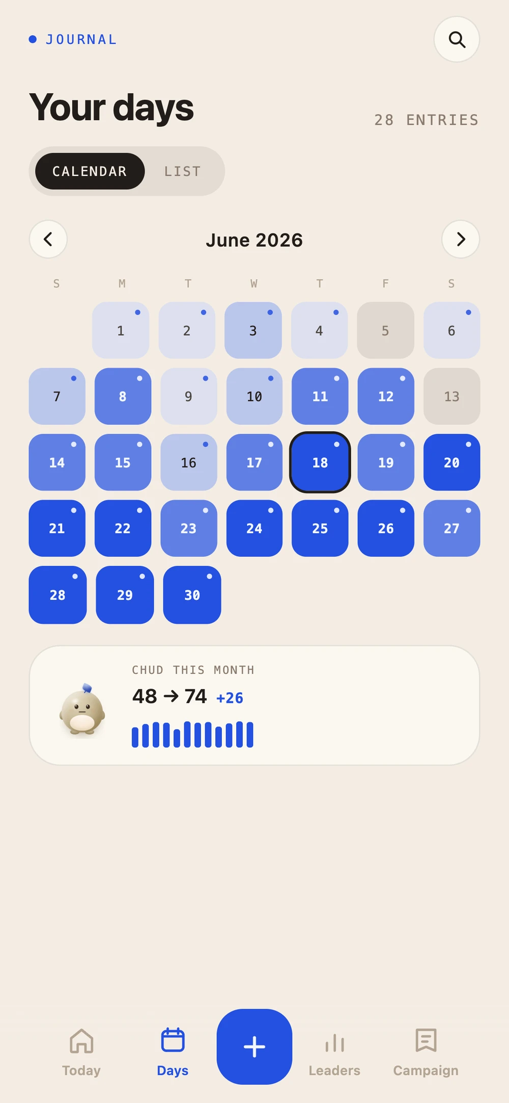Your days calendar for June 2026: every logged day shaded deeper sapphire for better scores, with a month summary showing health climbing from 48 to 74