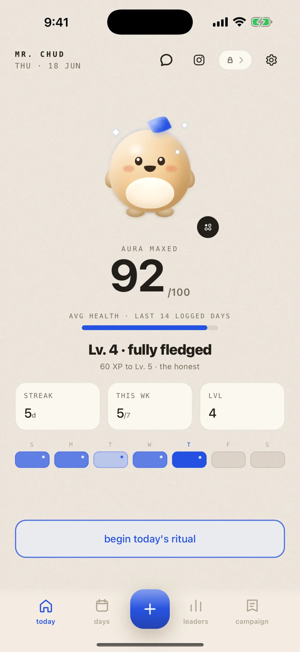 Mr. Chud home screen: the clay mascot under the line aura maxed, a 92 out of 100 average health over the last 14 logged days, level 4 fully fledged with 60 XP to go, and an outlined begin today's ritual button