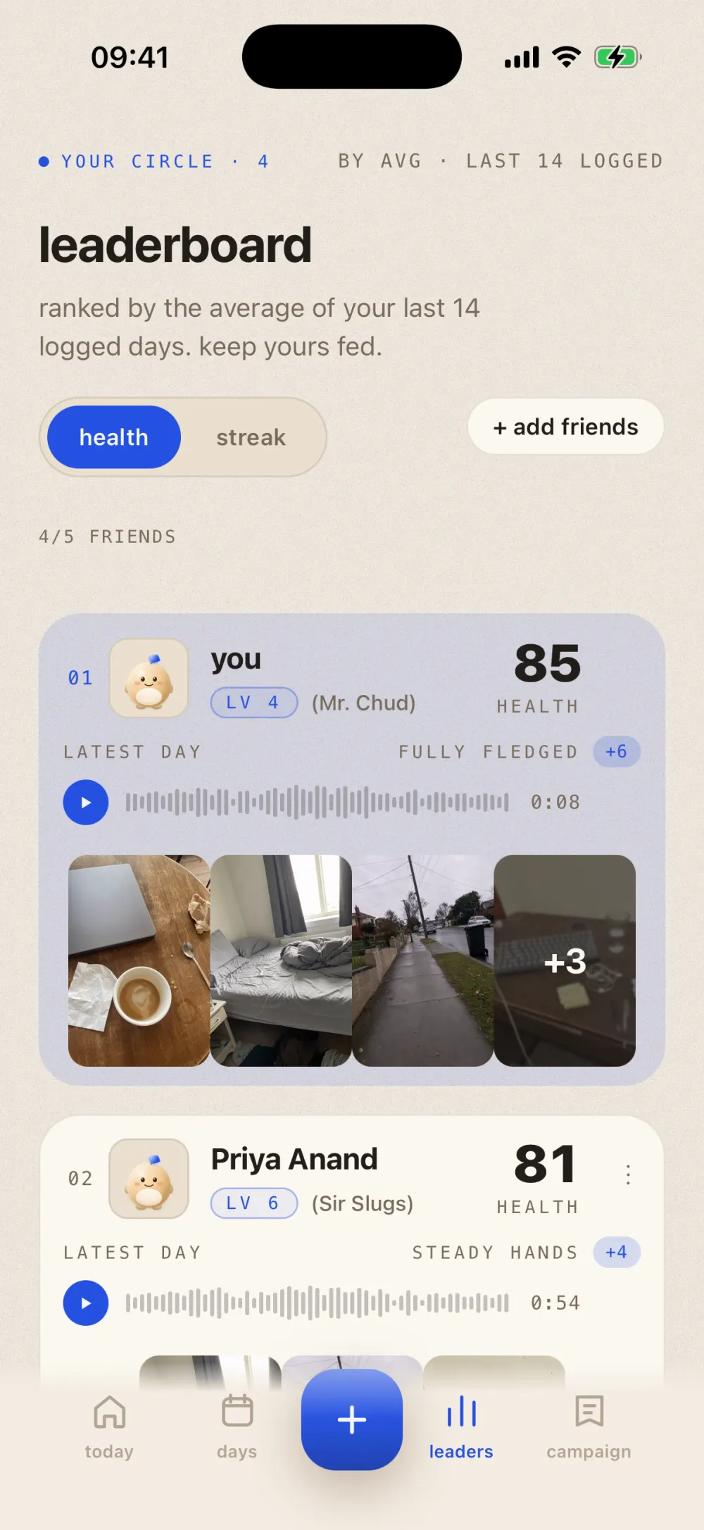 Leaderboard ranked on each friend's 14 day average: a health and streak toggle, four of five friends, then you in first at 85 health with an eight second voice note and four of your day's photos butted edge to edge with a plus three overflow tile, and Priya Anand second at 81 with a 54 second note of her own