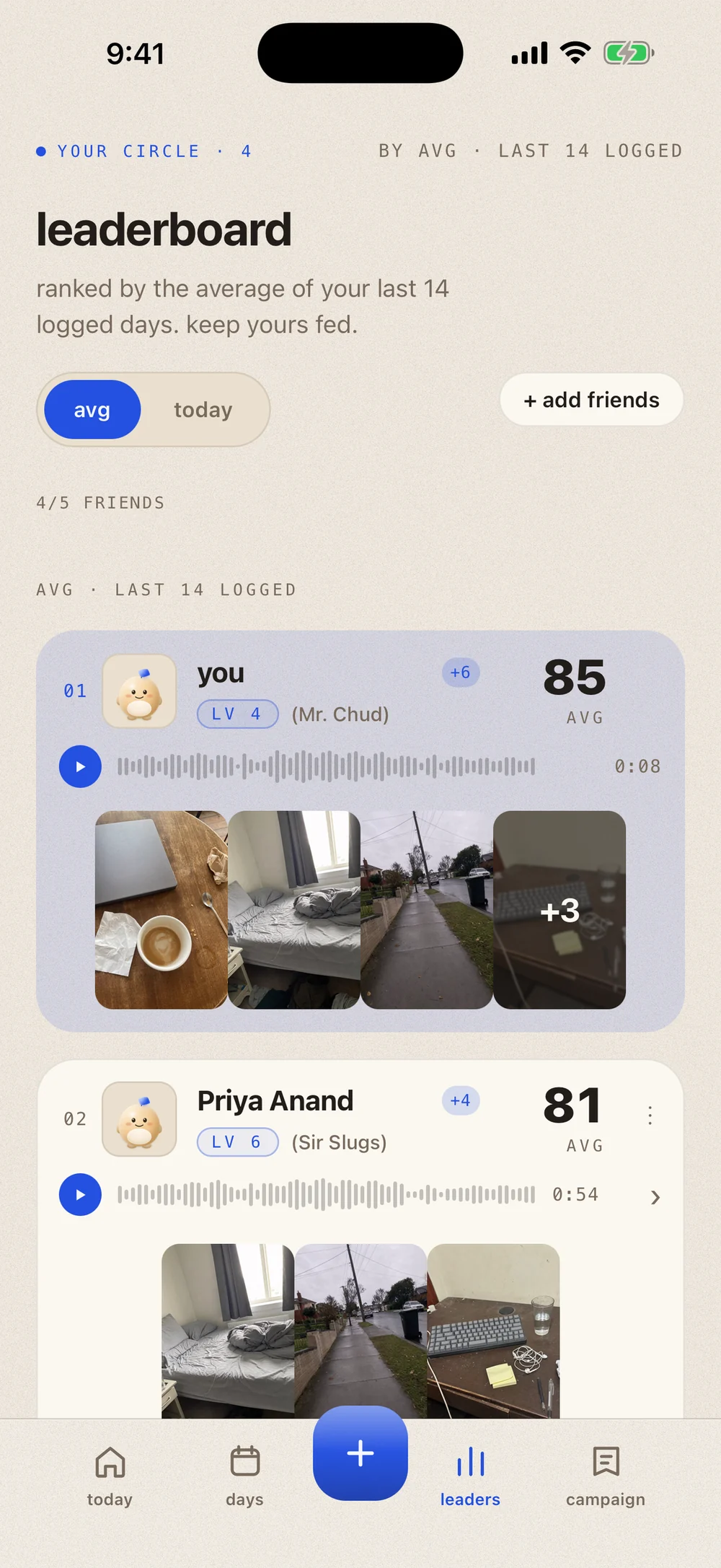 Leaderboard ranked on each friend's 14 day average: an average and today toggle, four of five friends, then you in first at 85 average with an eight second voice note and four of your day's photos butted edge to edge with a plus three overflow tile, and Priya Anand second at 81 with a 54 second note of her own