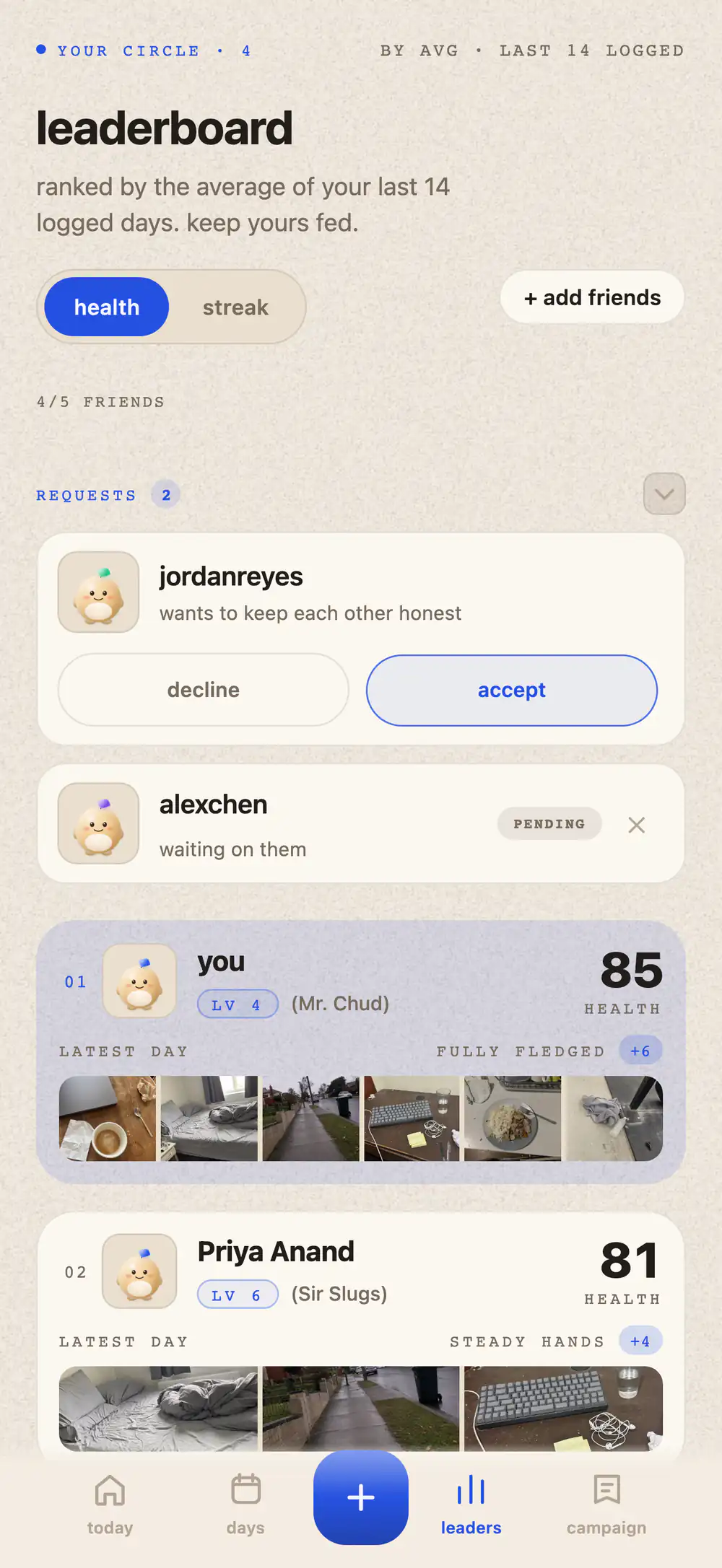 Leaderboard ranked on each friend's 14 day average: two pending friend requests, then you in first at 85 health with your day's photos, and Priya Anand second at 81