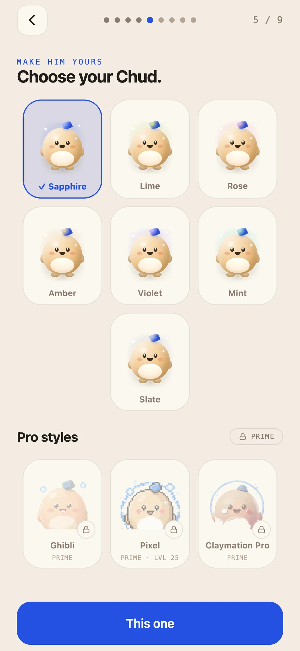 Mr. Chud app onboarding screen: Choose your Chud, showing six flag skins — Sapphire, Lime, Rose, Amber, Violet and Mint