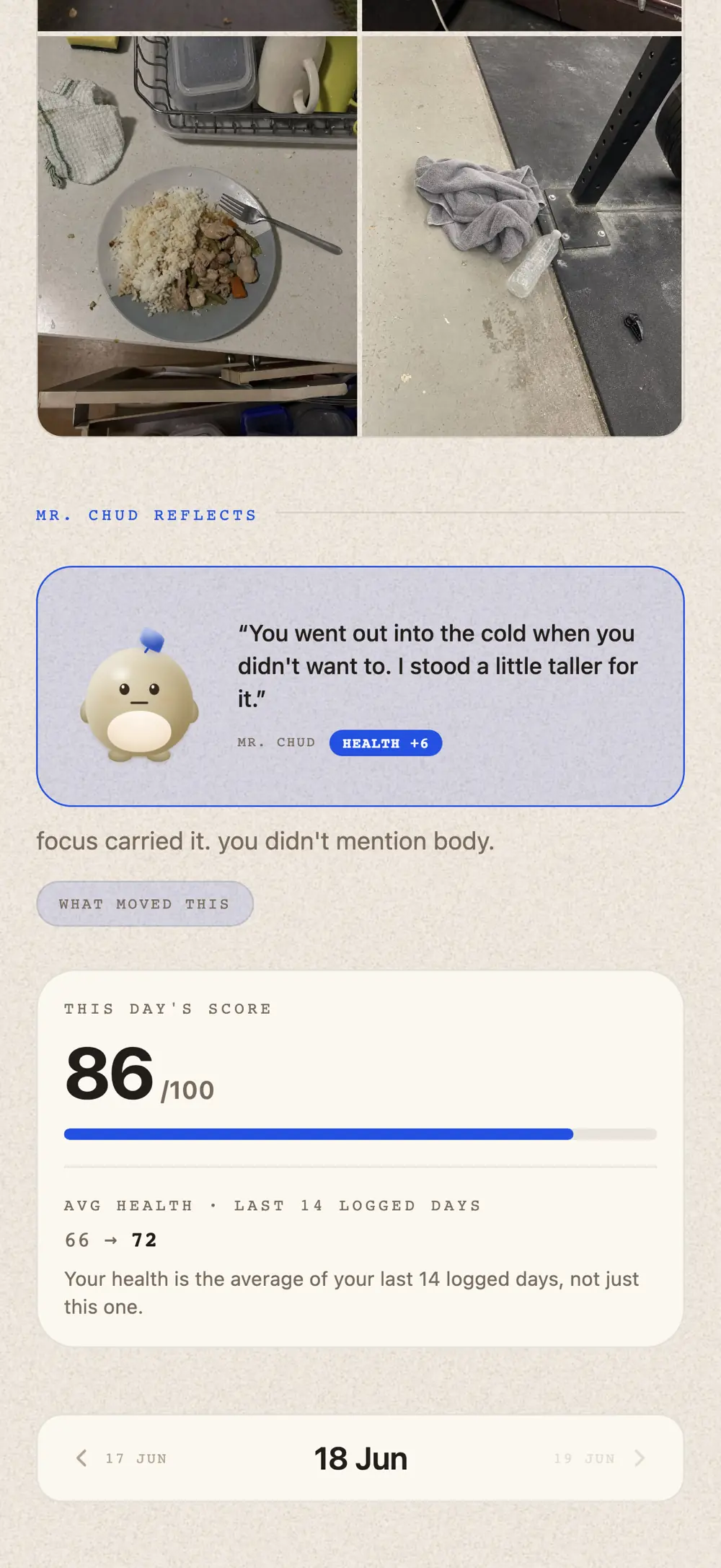 A saved entry: the day's photos, Mr. Chud's one line back with a health plus six chip, this day's score of 86 out of 100, and the average health moving from 66 to 72 across the last 14 logged days